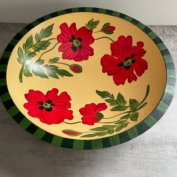 Sherwood Forest Red Opium Poppies Hand Painted Check Rim Maple Wood Salad Bowl - Picture 2 of 7